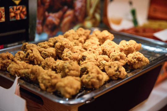 Fried Chickens At Street Market Stall in Asia