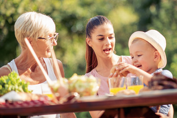 Family having a lunch in their garden in summer