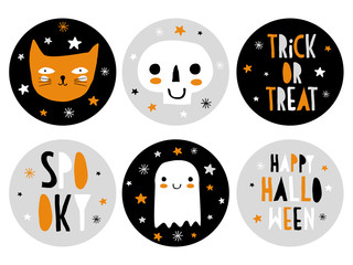 Funny Hand Drawn Halloween Candy Bar Tags. Cute Halloween Cartoons. Infantile Style. Skull, Cat and Little Ghost. Hand Written Trick or Treat, Spooky and Happy Halloween. Black, Gray, Orange and White