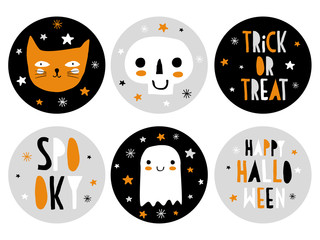 Hand Drawn Halloween Candy Bar Tags With Skull, Cat and Little Ghost. Cute Halloween Cartoons.Handwritten Trick or Treat, Spooky and Happy Halloween.