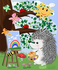 Obraz na płótnie Canvas A hedgehog artist in love draws on an easel amidst a forest glade, owls are watched from a branch. Profession, vocation, hobby, art