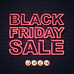 Obraz premium Neon sign black friday sale open on brick wall background. Vintage electric signboard.