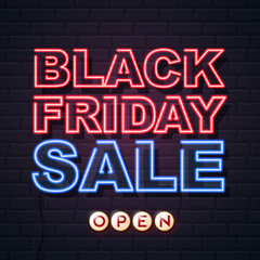 Fototapeta premium Neon sign black friday sale open on brick wall background. Vintage electric signboard.