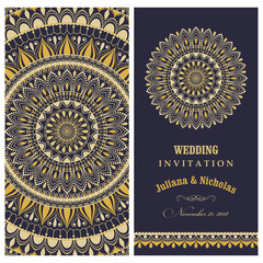 Wedding invitation cards Eastern style blue and gold. Arabic  Pattern. Mandala ornament. Frame with flowers elements. Vector illustration.