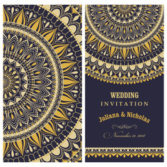 Wedding invitation cards Eastern style blue and gold. Arabic  Pattern. Mandala ornament. Frame with flowers elements. Vector illustration.