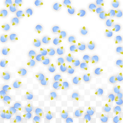 Vector Realistic Blue Petals Falling on Transparent Background.  Spring Romantic Flowers Illustration. Flying Petals. Sakura Spa Design. Blossom Confetti.