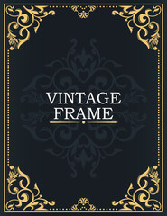 Gold decorative frame. Vintage ornament. Flowers and leaves. Greeting card in grunge or retro style.Luxurious template for monogram, background of initials, design of books, invitations, booklets.