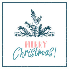 Fototapeta na wymiar Merry Christmas Hand Drawn christmas tree branch and lettering isolated on white. Cute xmas holiday background for postcards, invitations, greeting cards, banners, posters, etc. Made in vector