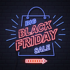 Neon sign black friday big sale open on brick wall background. Vintage electric signboard.