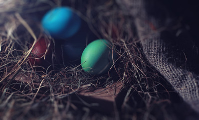 Easter painted eggs on burlap