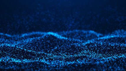 Wave of particles. Futuristic blue dots background with a dynamic wave. Big data. 3d rendering.