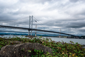 Two bridges connecting North and South Queensferry: Queensferry Crossing and Forth Road Bridge