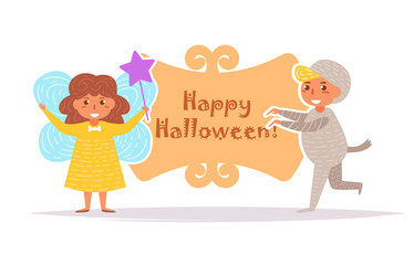 Postcard with children in Halloween costumes Vector. Cartoon. Isolated