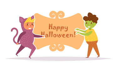 Postcard with children in Halloween costumes Vector. Cartoon. Isolated
