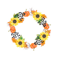 Handpainted watercolor frame of autumn leaves, berries, pumpkins, acorns on white background