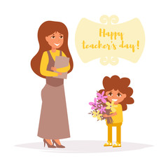 Teacher's day. Student gives teacher flowers Vector. Cartoon. Isolated