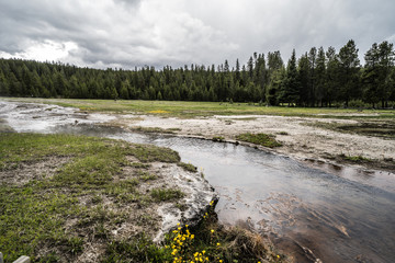 Fototapeta na wymiar Wide angle view of a hot spring thermal river of water feature inside of Yellowstone National Park in Wyoming