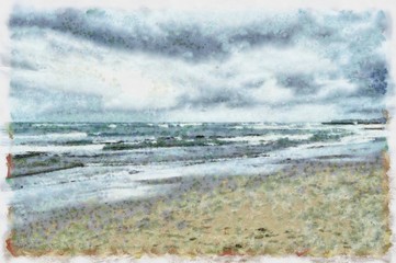 Oil painting. Art print for wall decor. Acrylic artwork. Big size poster. Watercolor drawing. Modern style fine art. Beautiful sea beach landscape. Dark grey clouds. Storm resort view.