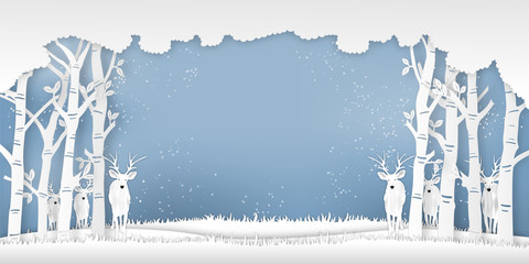 Deers in forest in the winter season with trees and snow  as Paper art and digital craft style concept. vector illustration © ImagineDesign