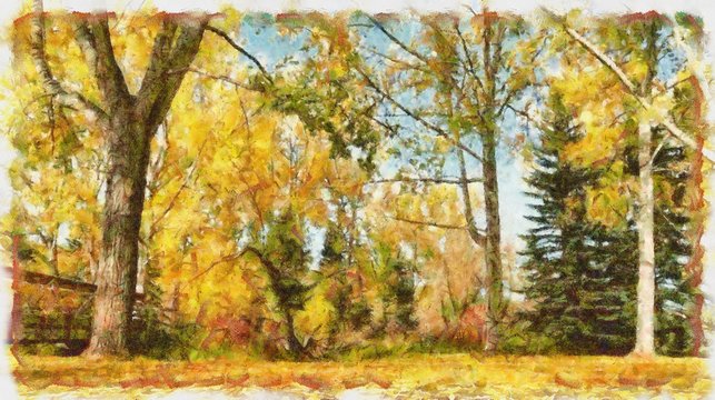 Oil painting. Art print for wall decor. Acrylic artwork. Big size poster. Watercolor drawing. Modern style fine art. Beautiful autumn landscape. Trees with yelow leaves.