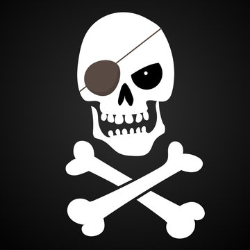 Evil white silhouette skull with red eyes and crossbones. Pirate flag, jolly Roger. T-shirt print, vector design.