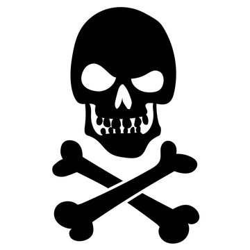 Evil black silhouette skull with angry viev and crossbones. Pirate flag, jolly Roger. T-shirt print, vector design.