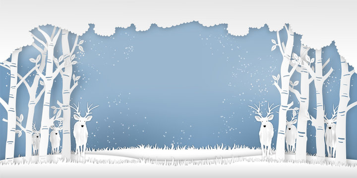 Deers in forest in the winter season with trees and snow  as Paper art and digital craft style concept. vector illustration
