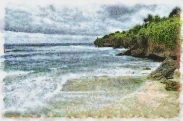 Oil painting. Art print for wall decor. Acrylic artwork. Big size poster. Watercolor drawing. Modern style fine art. Beautiful tropical exotic landscape. Sandy beach near dark blue sea. Resort view.