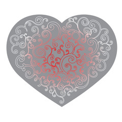 Trendy hand drawn vector heart made of different curls swirls and scrolls. Grey heart with cut out contours isolated on white background