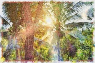 Obraz premium Oil painting. Art print for wall decor. Acrylic artwork. Big size poster. Watercolor drawing. Modern style fine art. Beautiful tropical exotic landscape. Green palms. Blue sky. Paradise view.
