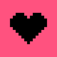 Obraz premium Silhouette Black Pixel Heart. Vector Shape On Pink background. Love Symbol. Pixel Art Icon