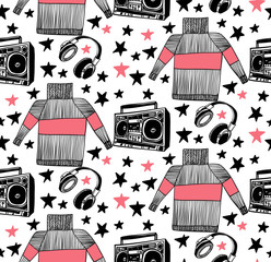 Cute, cool, graphic and simple hand drawing sketch of sweater, record player and headphones. Doodle style icons for teenagers, perfect for cards and invitations, textile, wallpapers, backgrounds