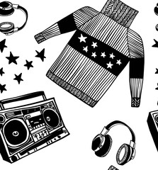 Cute, cool, graphic and simple hand drawing sketch of sweater, record player and headphones. Doodle style icons for teenagers, perfect for cards and invitations, textile, wallpapers, backgrounds