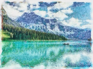 Oil painting. Art print for wall decor. Acrylic artwork. Big size poster. Watercolor drawing. Modern style fine art. Beautiful mountain landscape. Azure water of wild lake. © Pavel