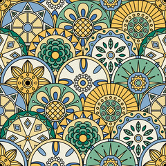 Seamless pattern with abstract flowers and geometric shapes.