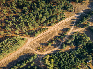 Top view or Aerial view of wild road among autumn forest, photo from drone