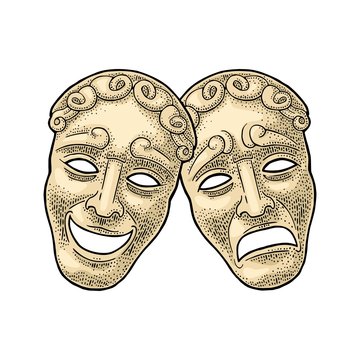 Comedy and tragedy theater masks. Vector engraving vintage color illustration