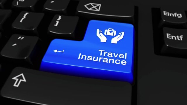 252. Travel Insurance Round Motion On Blue Enter Button On Modern Computer Keyboard with Text and icon Labeled. Selected Focus Key is Pressing Animation. Insurance Services Concept.