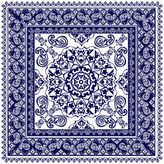 Indigo dye printed traditional paisley pattern. Vector ornament paisley Bandana Print, square pattern design style for print on fabric.