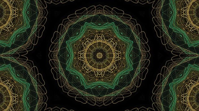 Seamless geometric evolving mandala pattern on black background