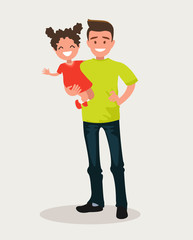 Happy Dad keeps daughter in her arms.