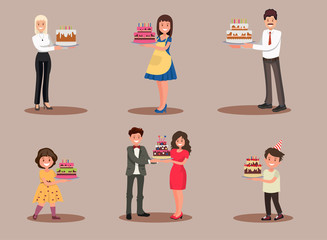 Set of characters with a cake. Office worker, businessman, housewife, children celebrate.
