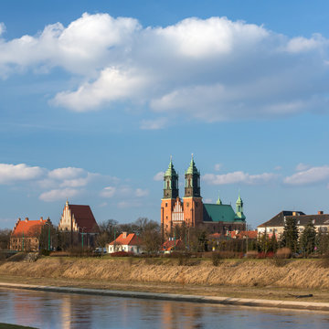 Beautiful landscape with river Warta and the cathedral towers in Poznan, Poland