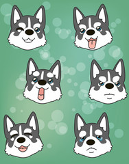Puppy Husky on green background with bokeh. Different emotions of the character. Vector illustration. Seamless Pattern