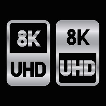8K Ultra HD format siver icon. Pure vector illustration on black background