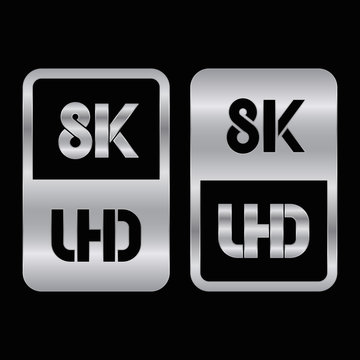 8K Ultra HD format silver and cut icon. Pure vector illustration on black background