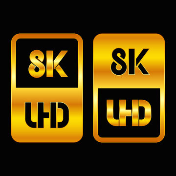 8K Ultra HD format gold and cut icon. Pure vector illustration on black background