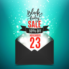 Black friday advertisement banner, envelope with shine, vector illustration