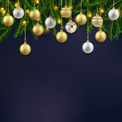 Christmas holiday background with fir branches, gold and silver decorative balls composition, vector illustration