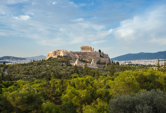 Acropolis with Parthenon and the Herodion theatre. View from the hill of Philopappou, Athens, Greece.